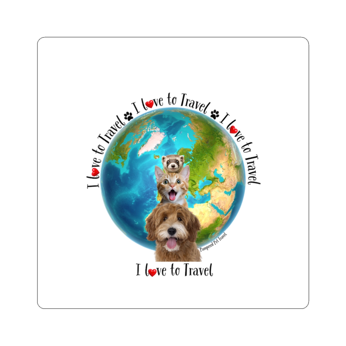 "I Love to Travel The World " - Sticker with Cute Pups (Kiss-Cut)
