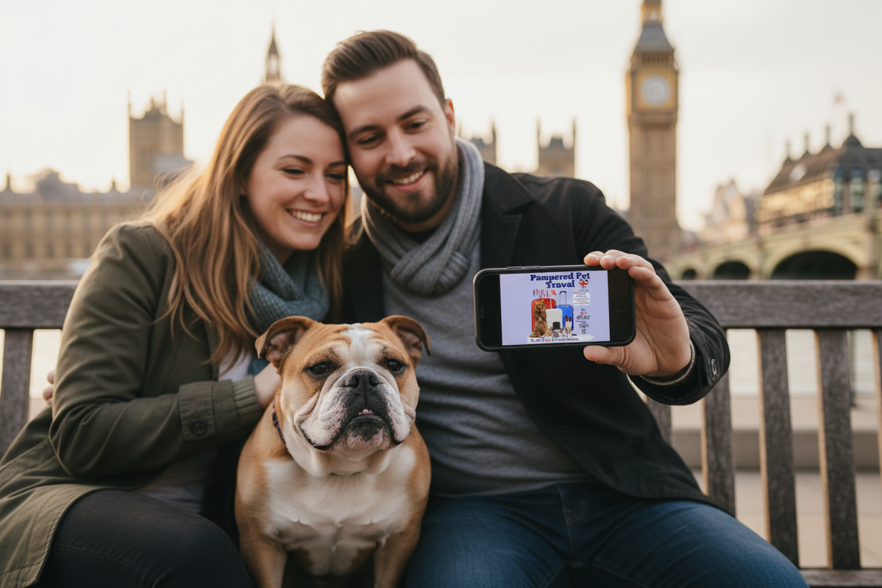 Couple and English Bulldog on bench near Big Ben with USA to UK ebook on phone