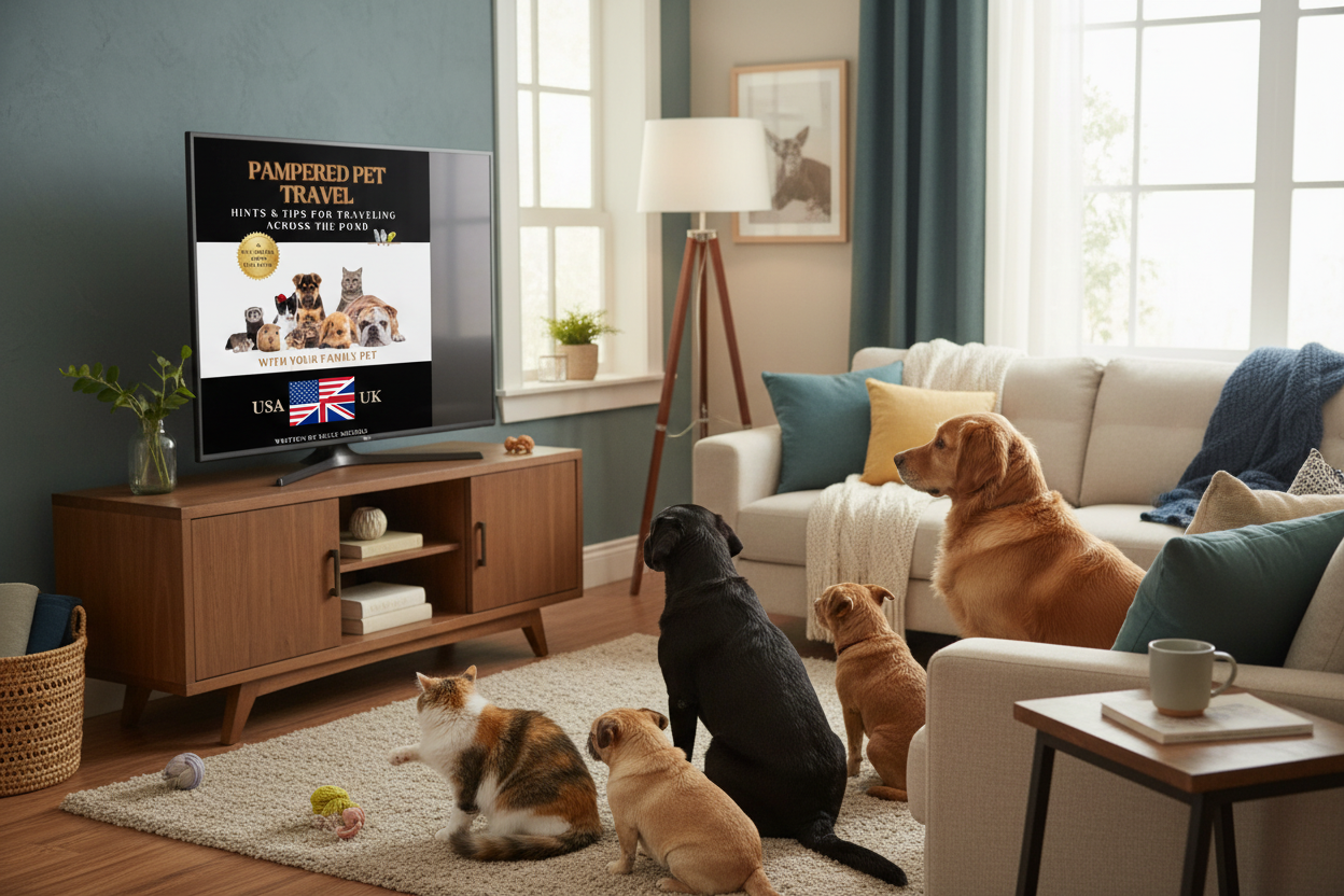 Dogs and cats watching Pampered Pet Travel USA to UK on TV