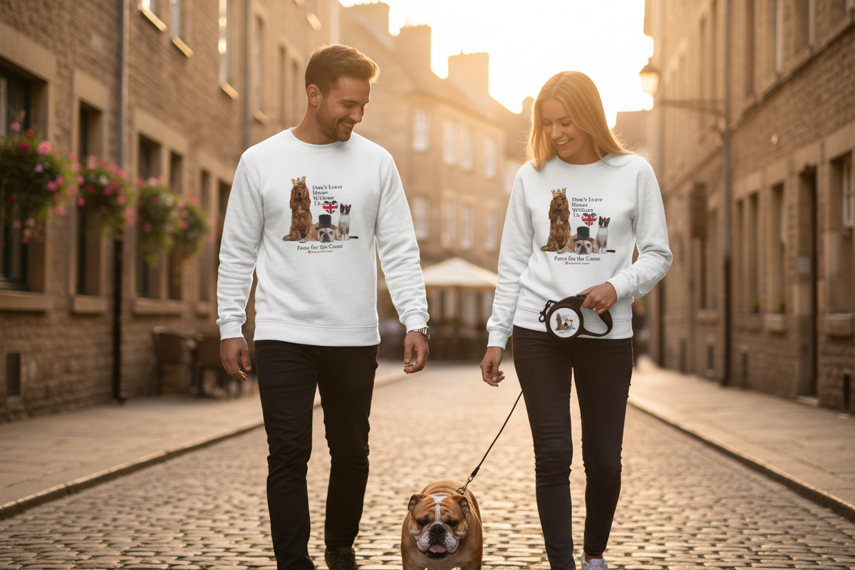 Don't Leave Home Without Us - Couple Walking English Bulldog