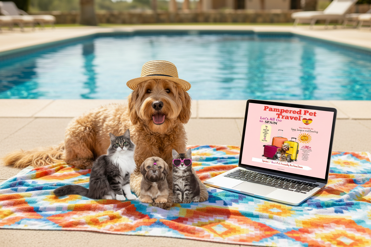 Pets and Laptop on Beach Towel by Pool