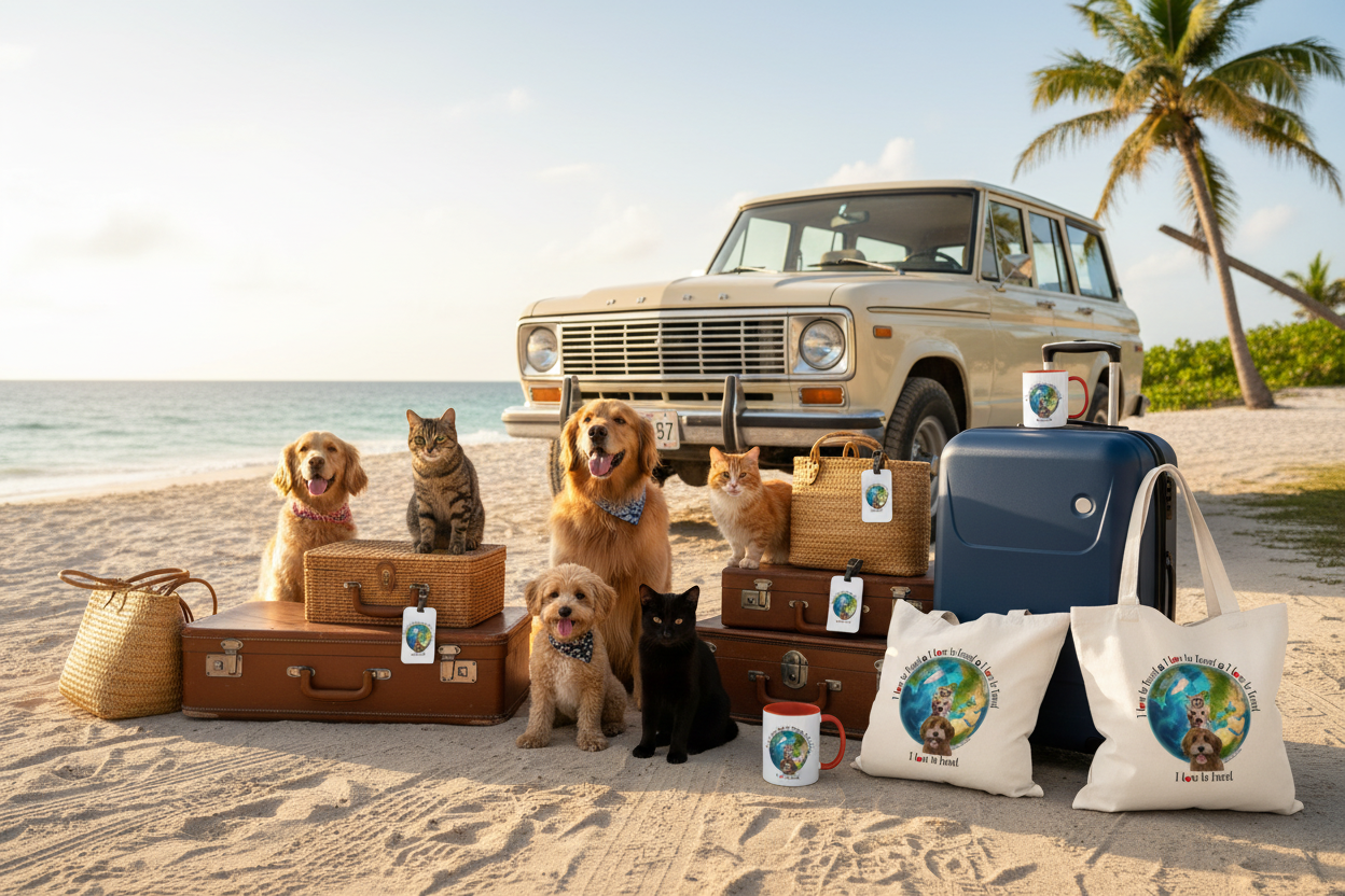 Pets with travel gear, car and beach
