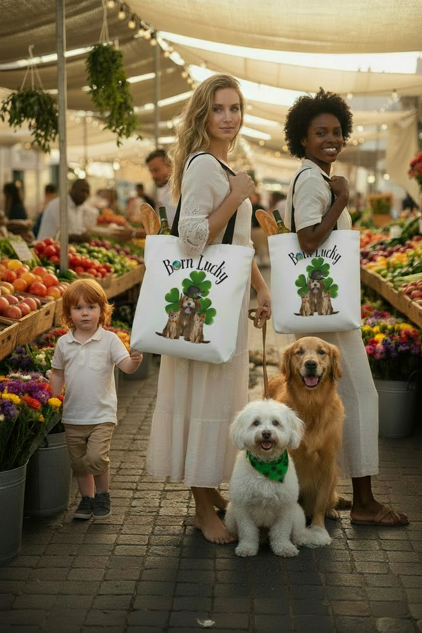 Red-haired mother and child at farmers market with two dogs and Born Lucky tote