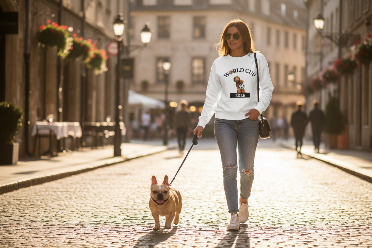 Woman in World Cup sweatshirt walking a French bulldog