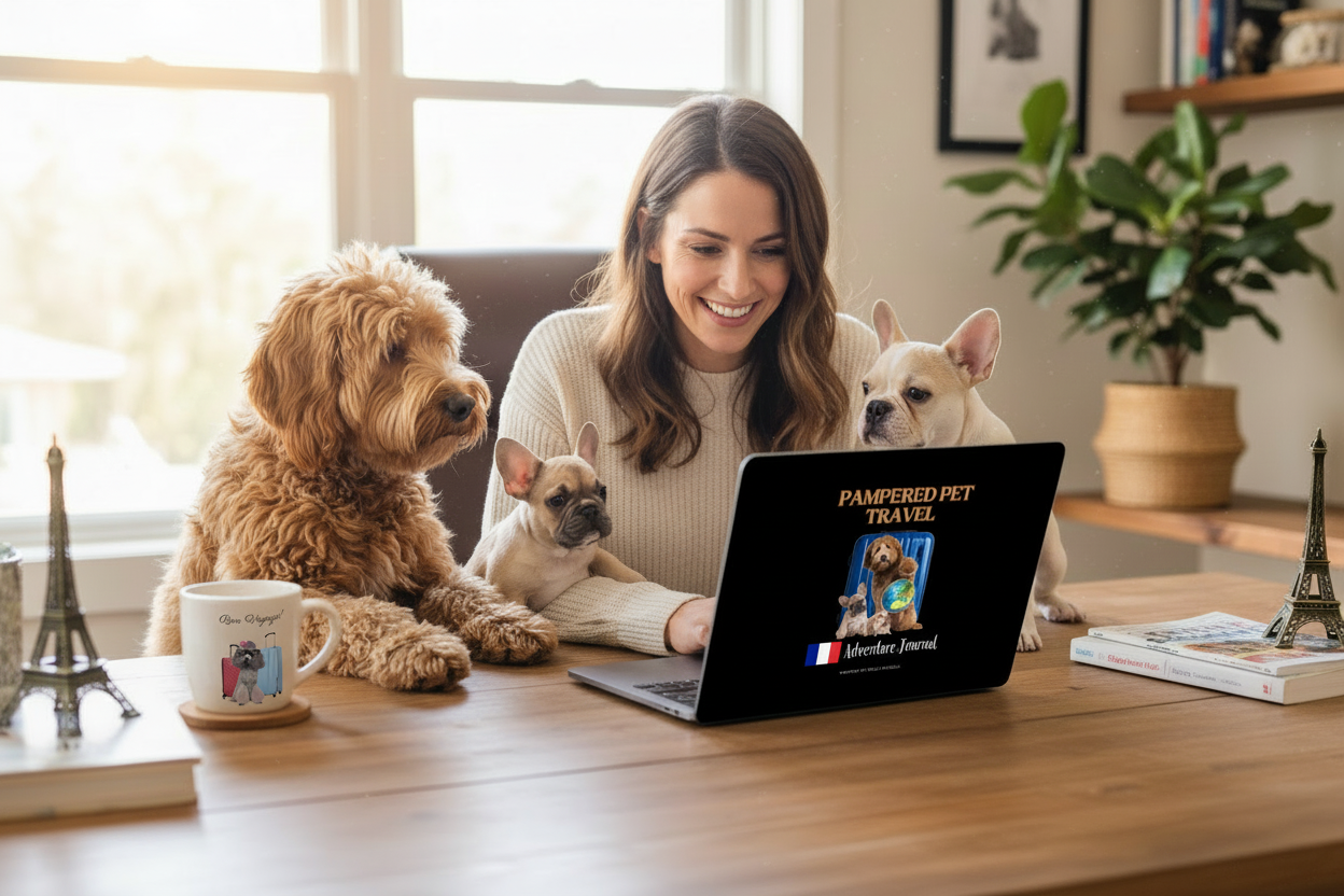 Woman with dog and cat looking at France Adventure Journal on laptop with Bon Voyage mug